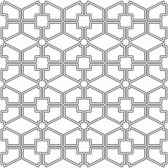 Seamless abstract geometric pattern consisting of black and white lines forming hexagons on a white background. Suitable for interior design, textiles or graphic elements.