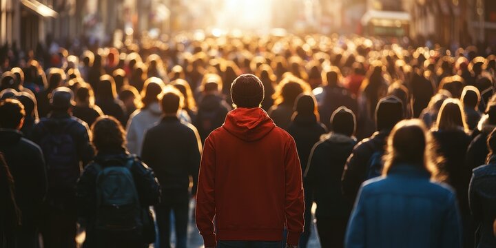 A diverse crowd walking in the city during sunset, showcasing a sense of community and daily life.