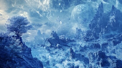 Obraz premium Blue surrealism with dreamlike landscapes, ethereal and otherworldly,