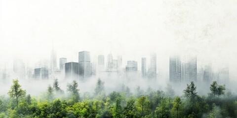 Fototapeta premium A misty urban skyline emerges from lush greenery, blending nature with city life in a tranquil, ethereal atmosphere.