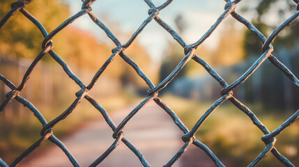 Fototapeta premium chain-link fence stands out against a softly blurred background, symbolizing boundaries, separation, and the contrast between freedom and confinementv