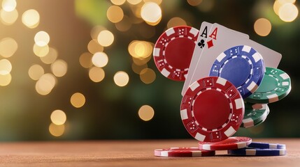 A close-up of poker chips falling onto the table next to a winning royal flush, bathed in golden casino light, symbolizing luck and triumph