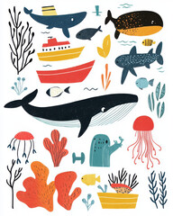 Colorful marine life illustration with whales, fish, jellyfish, coral, and a boat in an underwater scene