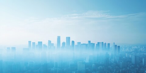 Fototapeta premium A serene city skyline shrouded in a soft blue haze, capturing the tranquility of urban landscapes at dawn.