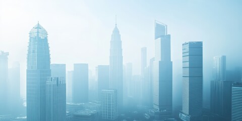 Obraz premium A serene city skyline shrouded in mist, showcasing modern architecture against a hazy backdrop, ideal for atmospheric visuals.