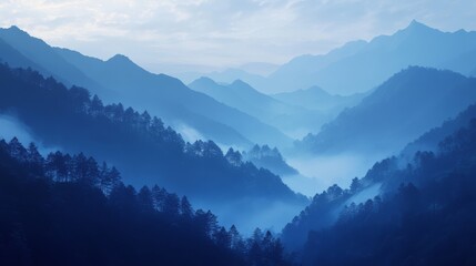 Blue tones in a mountain landscape, early morning light,
