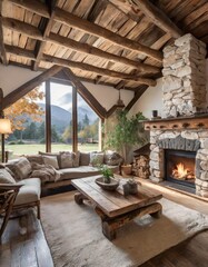 Cozy rustic living room interior with exposed wooden beams and natural stone fireplace
