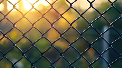 Fototapeta premium chain-link fence stands out against a softly blurred background, symbolizing boundaries, separation, and the contrast between freedom and confinementv