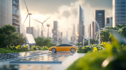 A vibrant orange car is showcased in futuristic cityscape, surrounded by lush greenery and wind turbines, symbolizing sustainability and innovation. scene captures harmonious blend of nature and techn