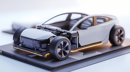 Obraz premium Group of electric cars with pack of battery cells module on platform. Electric Car. Illustration
