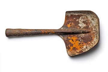 Rusty metal shovel isolated on white background, slightly worn handle