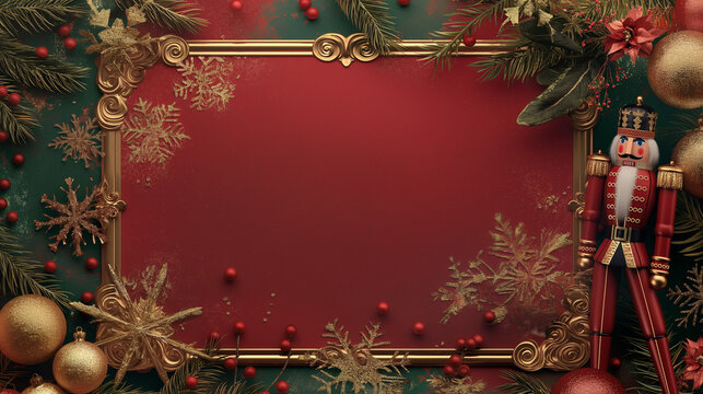 A Nutcracker-themed frame adorned with ballet elements, showcasing elegant golden details, delicate snowflakes, and a Nutcracker soldier positioned on one side of the frame. The design is festive, cla