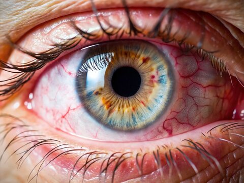 Macro view of the conjunctival sac, a thin membrane covering the white part of the eye, with blood