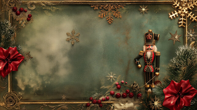 A Nutcracker-themed frame with ballet elements, featuring elegant golden details, snowflakes, and a Nutcracker soldier standing at one side of the frame. 