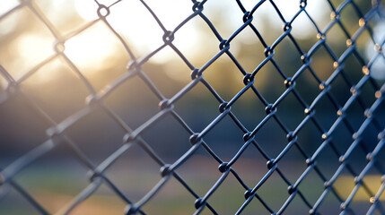 Fototapeta premium chain-link fence stands out against a softly blurred background, symbolizing boundaries, separation, and the contrast between freedom and confinement