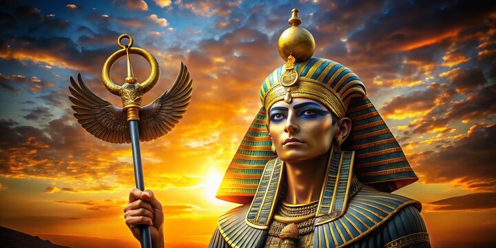 Majestic ancient deity Amun-Ra with falcon head and regal ornate headdress, golden ankh in hand, stands proudly against
