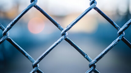 Fototapeta premium chain-link fence stands out against a softly blurred background, symbolizing boundaries, separation, and the contrast between freedom and confinement