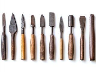 Set of construction chisels isolated on white background, neatly arranged