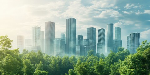 Obraz premium A stunning urban skyline surrounded by lush greenery, showcasing the harmony between nature and modern architecture.