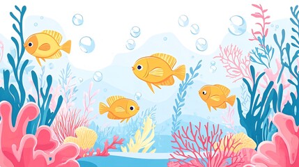 Fototapeta premium A group of yellow fish swim amongst vibrant coral and seaweed in a blue ocean.