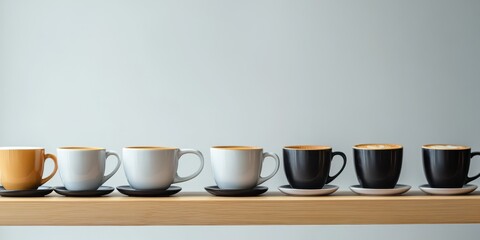 Fototapeta premium A stylish display of coffee mugs in varying colors neatly arranged on a wooden shelf against a minimalist background.