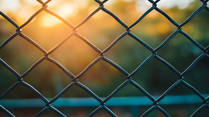 Fototapeta premium chain-link fence stands out against a softly blurred background, symbolizing boundaries, separation, and the contrast between freedom and confinement