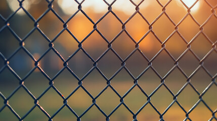 Fototapeta premium chain-link fence stands out against a softly blurred background, symbolizing boundaries, separation, and the contrast between freedom and confinement
