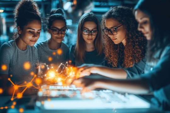 Innovative women collaborating in high-tech workshop with interactive holographic display