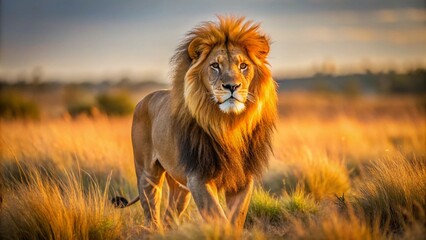 Majestic Cape lion, with shimmering golden fur and regal demeanor, roams freely in the African savannah, its powerful