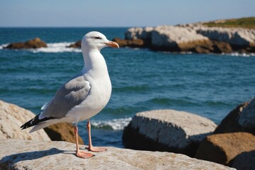Fototapeta premium portrait of White seagull standing on rough stone in sea on sunny day, blurred background