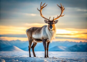 Obraz premium Majestic caribou stands alone in a serene winter landscape, its impressive antlers and thick fur a testament to