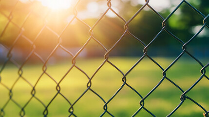 Fototapeta premium chain-link fence stands out against a softly blurred background, symbolizing boundaries, separation, and the contrast between freedom and confinement