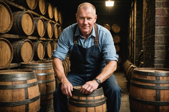 Portrait of Male cooper working in cooperage with whisky casks