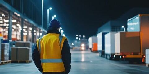 A warehouse worker in a safety vest observes truck operations at night, highlighting industrial activities in a nighttime setting.
