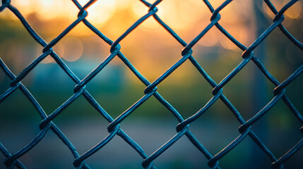 Fototapeta premium chain-link fence stands out against a softly blurred background, symbolizing boundaries, separation, and the contrast between freedom and confinement