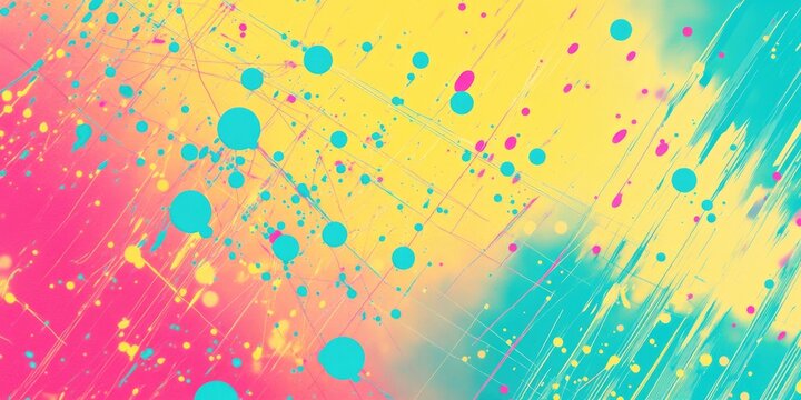 Vibrant abstract art with colorful splatter on yellow and pink gradient background