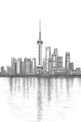 Obraz premium Tianjin, China, black and white pen pencil hand-drawn effect portrait drawing illustration for travel poster, card, wallpaper, backdrop or banner. Modern, clear, artistic and simple