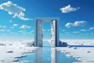 generated illustration of fantasyblue opened  single door frame on salt farm