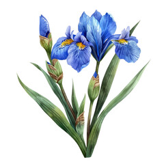 Blue iris flower isolated on white with purple petals and green stem