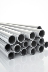 Stack of PVC pipes isolated on white background, realistic reflections