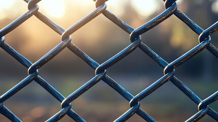 Fototapeta premium chain-link fence stands out against a softly blurred background, symbolizing boundaries, separation, and the contrast between freedom and confinement