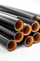 Stack of PVC pipes isolated on white background, realistic reflections