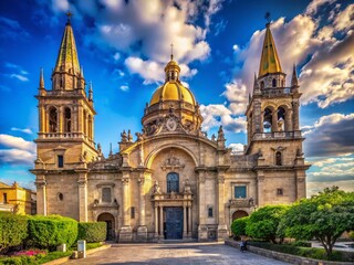 Naklejka premium Majestic Guadalajara Cathedral's ornate stone facade rises against a vibrant blue sky, its towers and intricate