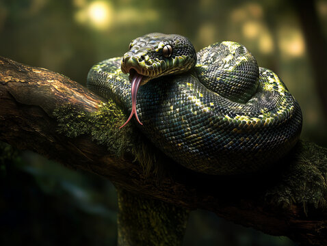 A green tree python rests on a branch in a rainforest, showcasing its vibrant scales and flickering tongue under soft, dappled light
