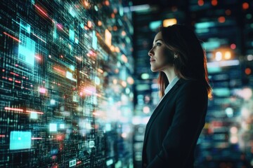 Tech professional analyzing digital data on futuristic display