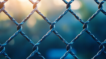 Fototapeta premium chain-link fence stands out against a softly blurred background, symbolizing boundaries, separation, and the contrast between freedom and confinement