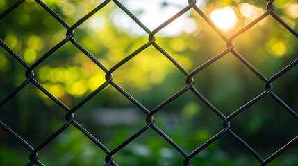 Fototapeta premium chain-link fence stands out against a softly blurred background, symbolizing boundaries, separation, and the contrast between freedom and confinement