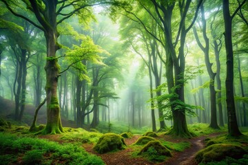 Naklejka premium Majestic misty forest with towering trees, dappled light, and lush green undergrowth creating a serene and mysterious