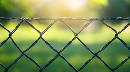 chain-link fence stands out against a softly blurred background, symbolizing boundaries, separation, and the contrast between freedom and confinement
