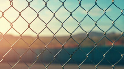 Fototapeta premium chain-link fence stands out against a softly blurred background, symbolizing boundaries, separation, and the contrast between freedom and confinement